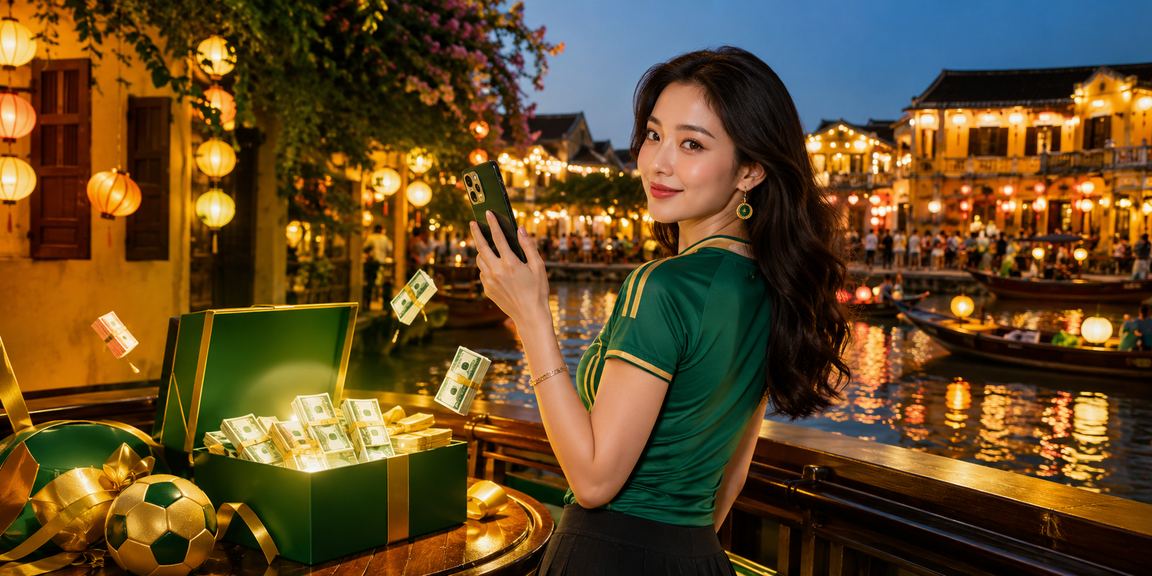Người dùng trải nghiệm casino trên điện thoại dưới ánh đèn lồng Hội An lung linh về đêm